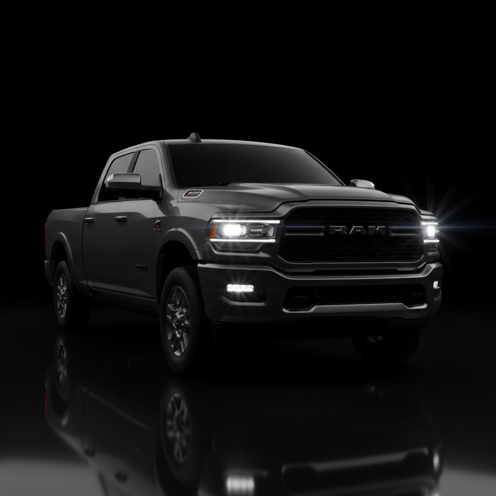 Ram 1500 pickup truck on dark background, three-quarter front view showing grille and headlamps