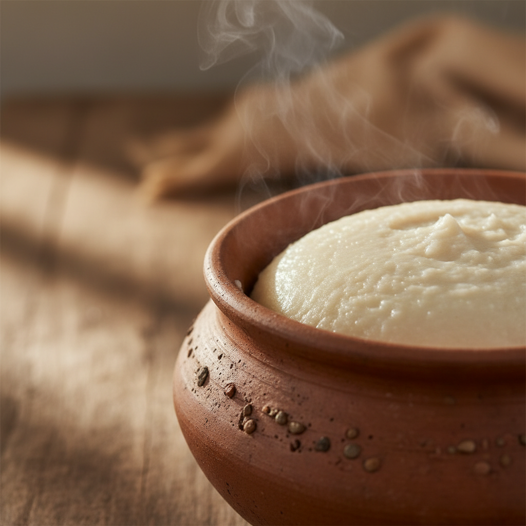 White sadza porridge shaped by hand in a clay pot, earthy textures and steam