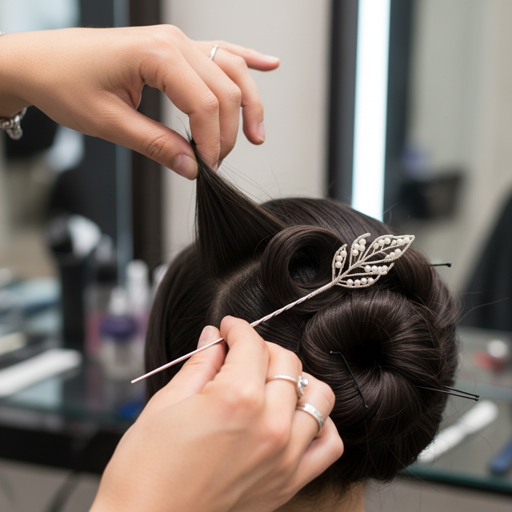 Elegant updo hairstyle being created for special occasion in professional salon