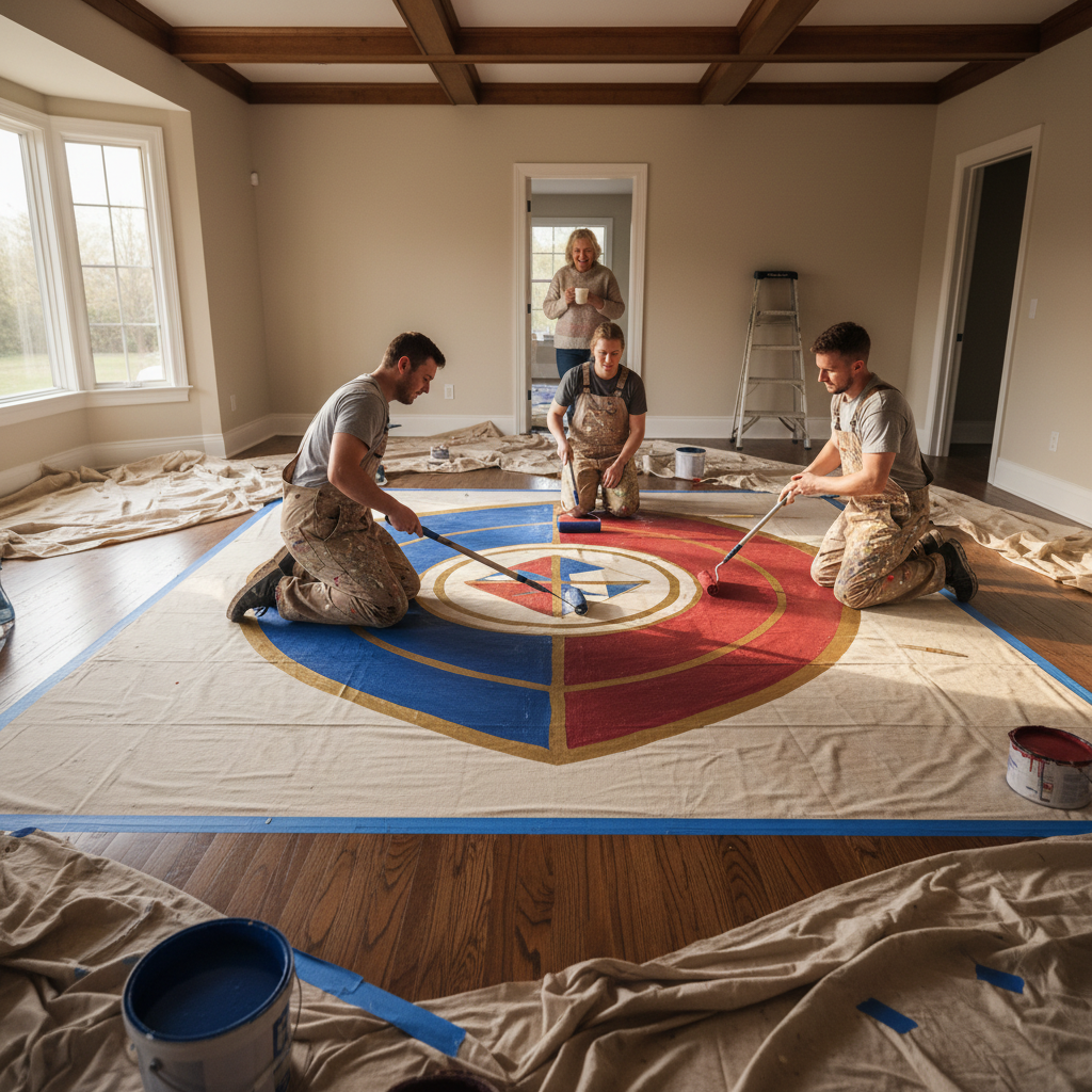 Three-person Shield painting crew with rollers on properly tarped hardwood floor, afternoon light through bay windows, homeowner smiling in background doorway
