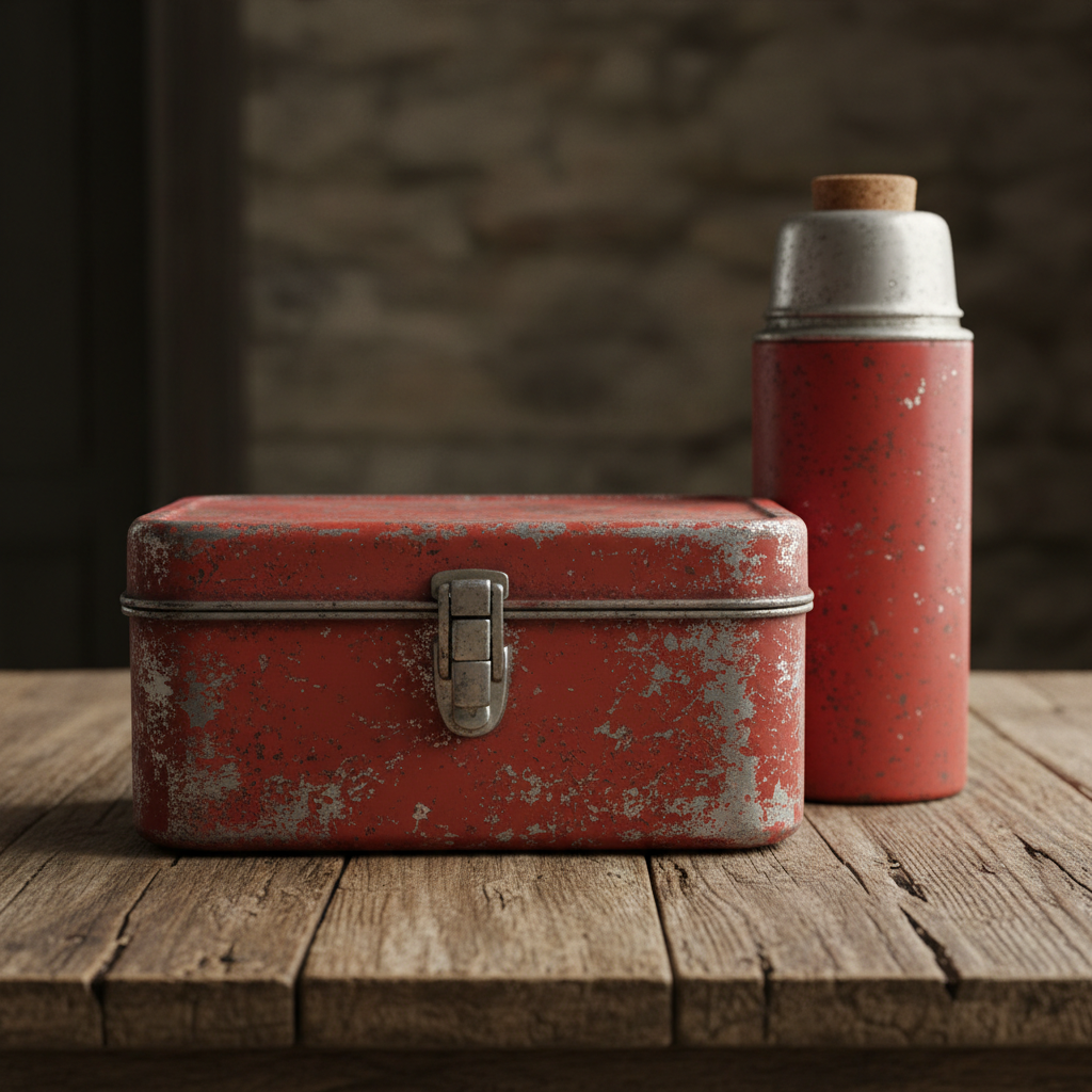 Vintage metal lunch box with thermos, faded red paint, original latch intact