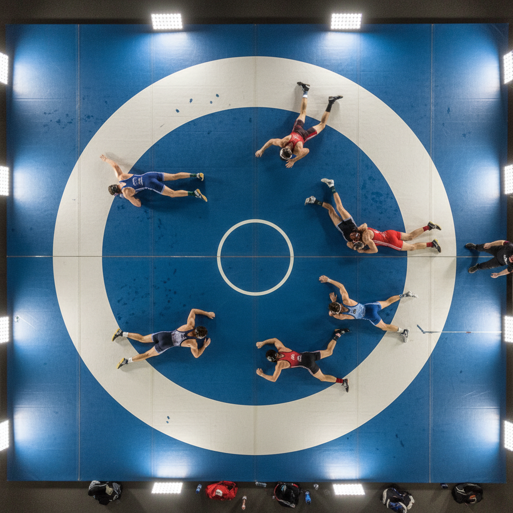 Overhead view of wrestlers drilling on blue mat surface with chalk marks