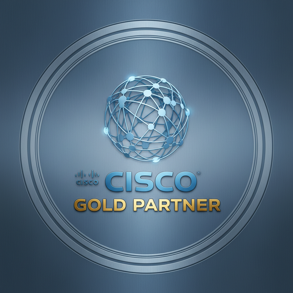 Cisco networking partner certification badge in blue representing network solutions expertise