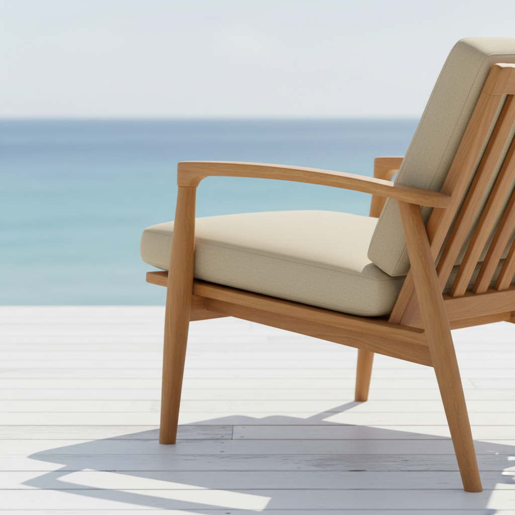 Teak lounge chair with sand Sunbrella cushion on a whitewashed terrace
