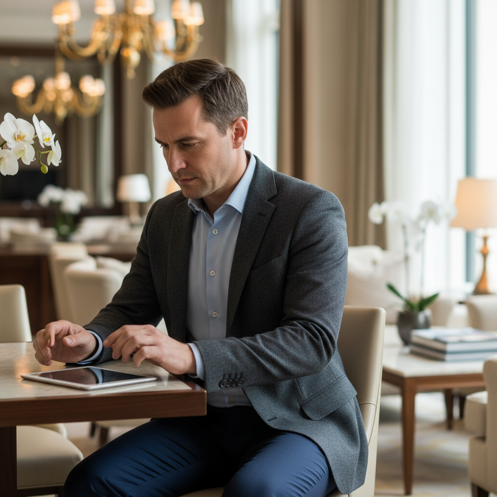 Professional man in business casual attire, pre-opening hotel operations specialist, focused expression in lobby setting