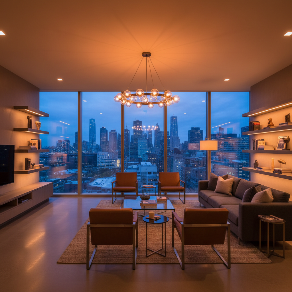 Luxury staged living room with floor-to-ceiling windows and city view at dusk