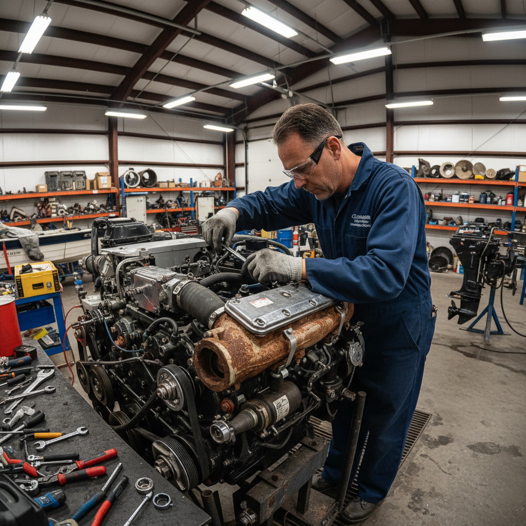 Marine mechanic working on boat engine in workshop with tools and equipment