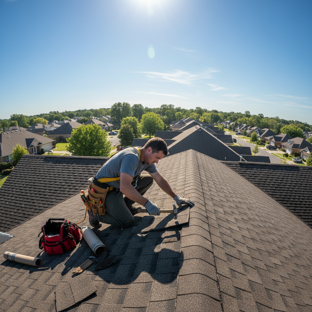 Roofer replacing asphalt shingles on sloped residential roof, bright sunny conditions, tools and materials visible