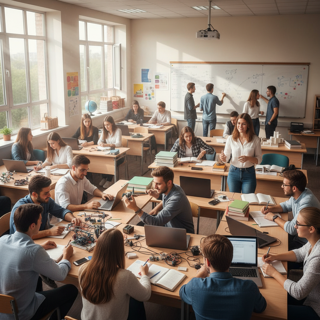 Students in a bright classroom with natural light, teacher at the front, warm educational environment