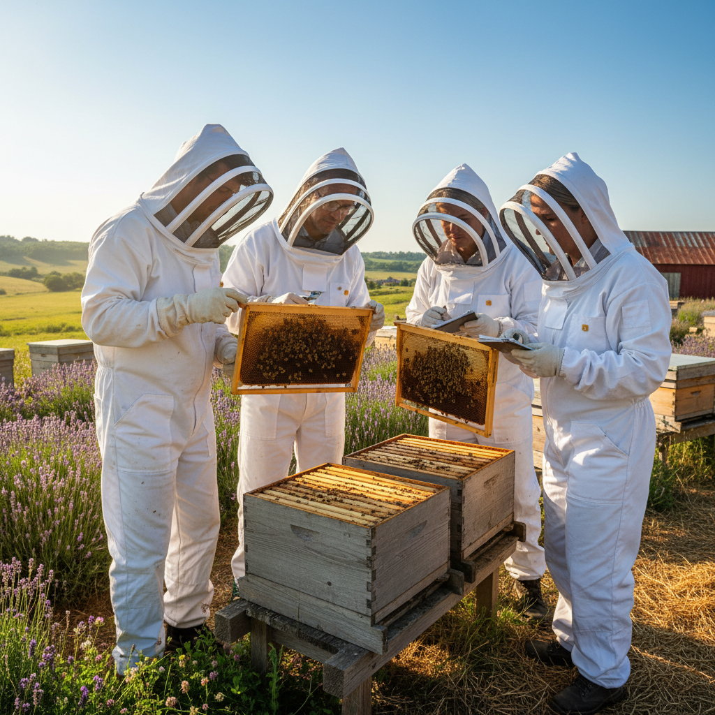 French woman beekeeper in her 50s in protective gear examining honeycomb frame in lavender field, warm afternoon light