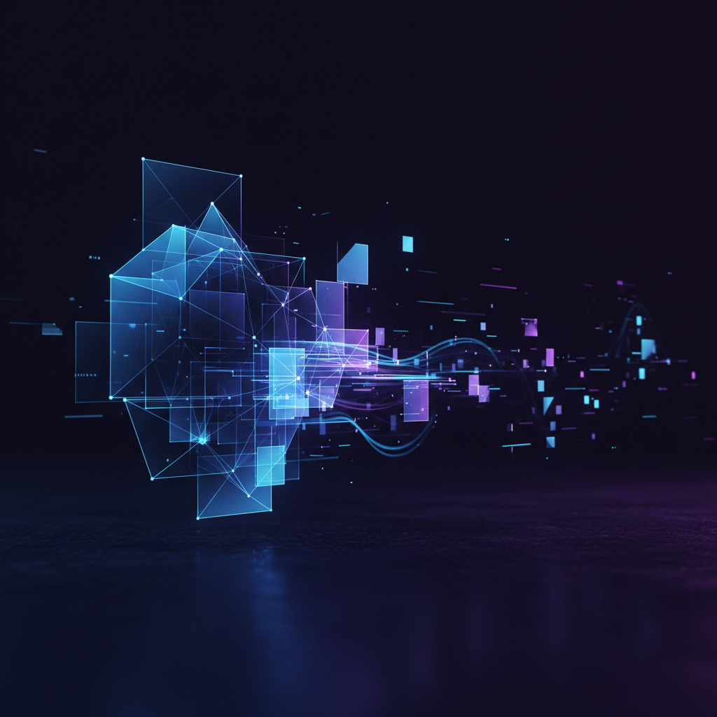 Dark purple and blue abstract digital grid with patch update interface