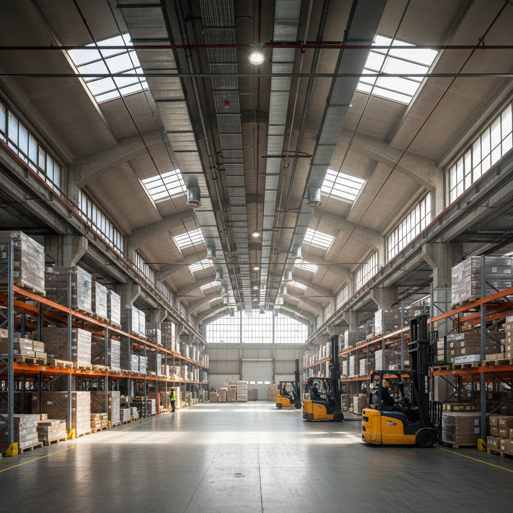 Large logistics warehouse interior with high ceilings and industrial HVAC systems