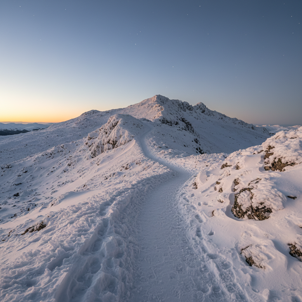 Snow-capped mountain trail at dawn with clear sky and stars fading