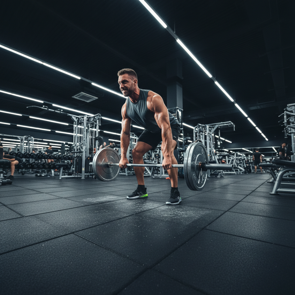 Man doing heavy barbell deadlift in dark gym, intense concentration, dramatic lighting from above
