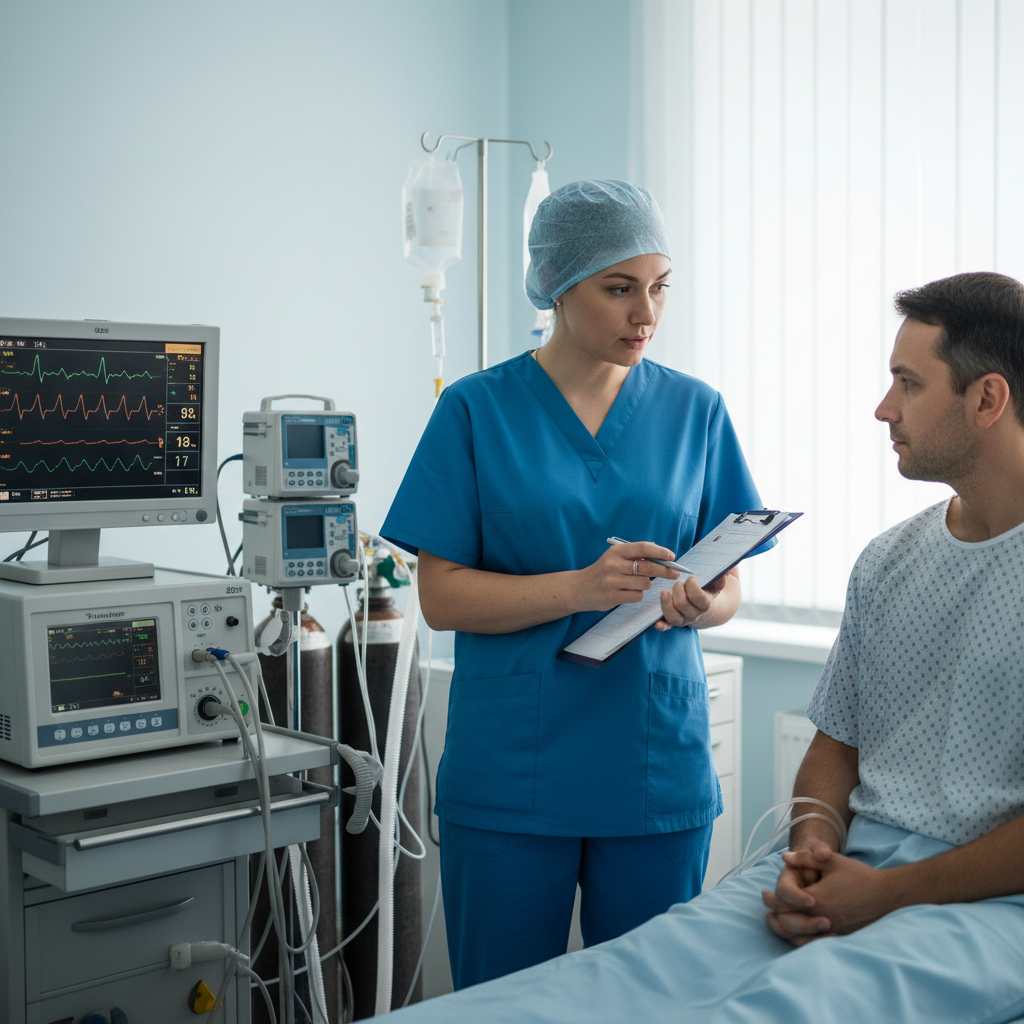 Anesthesiologist reviewing medication chart and monitoring equipment with patient