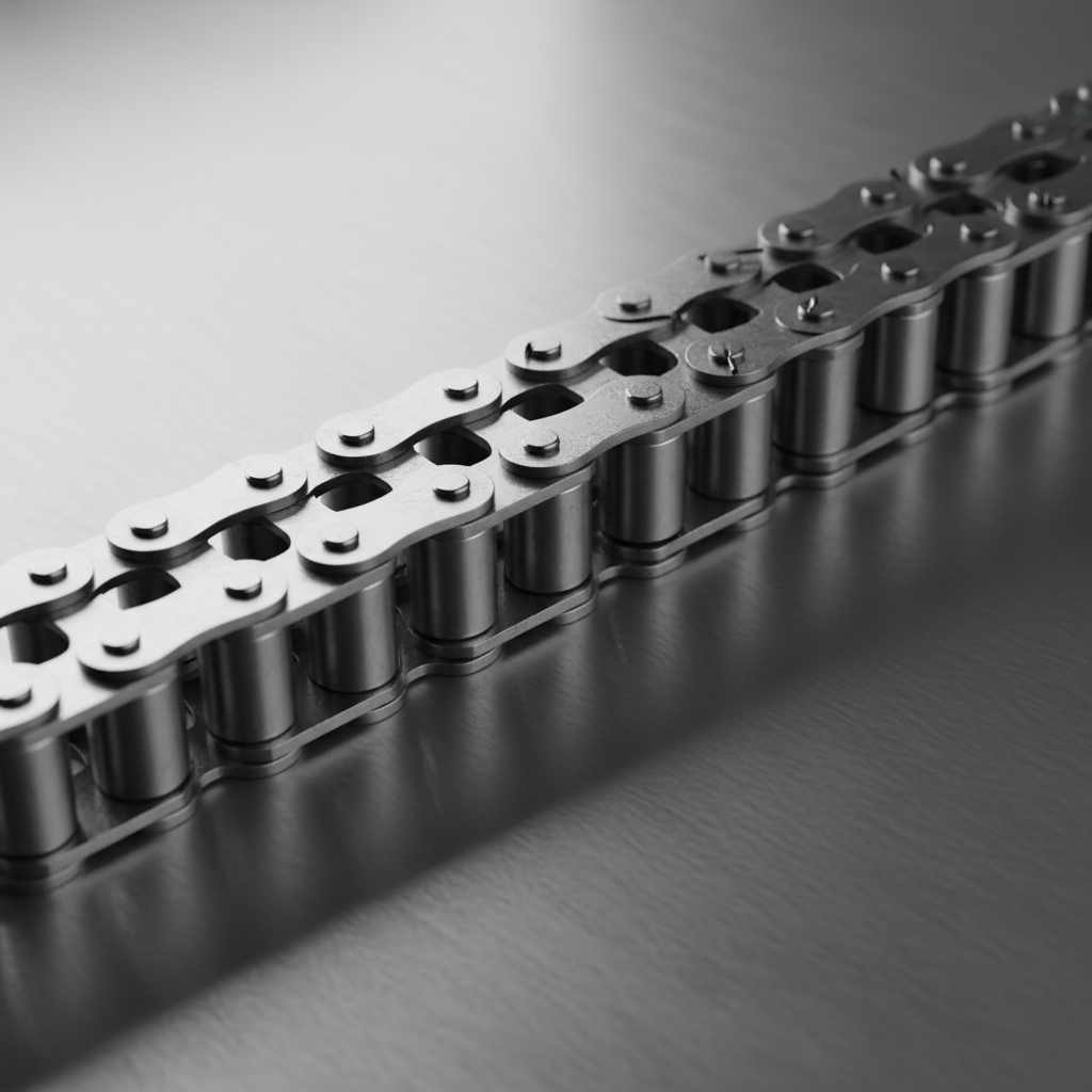 Industrial roller chain and sprocket drive system in dark factory setting, heavy steel chain links, mechanical power transmission