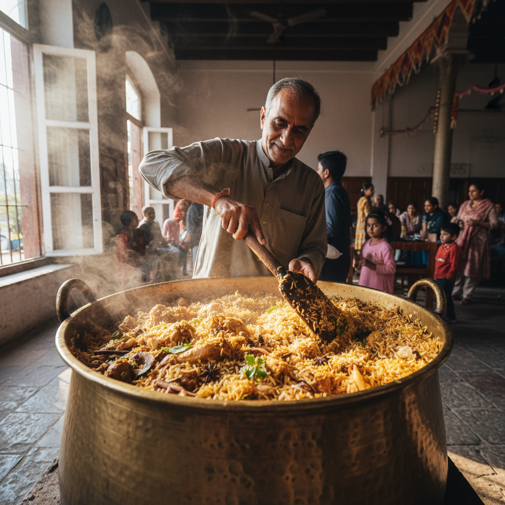 Uncle stirring large pot of biryani at community feast