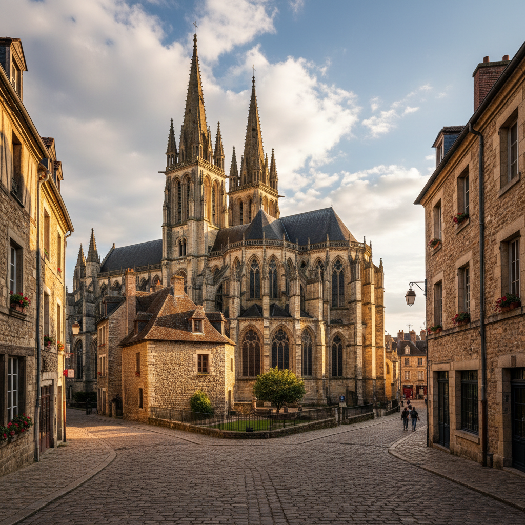 Le Mans historic city center with medieval cathedral and stone buildings in warm afternoon light, French provincial architecture