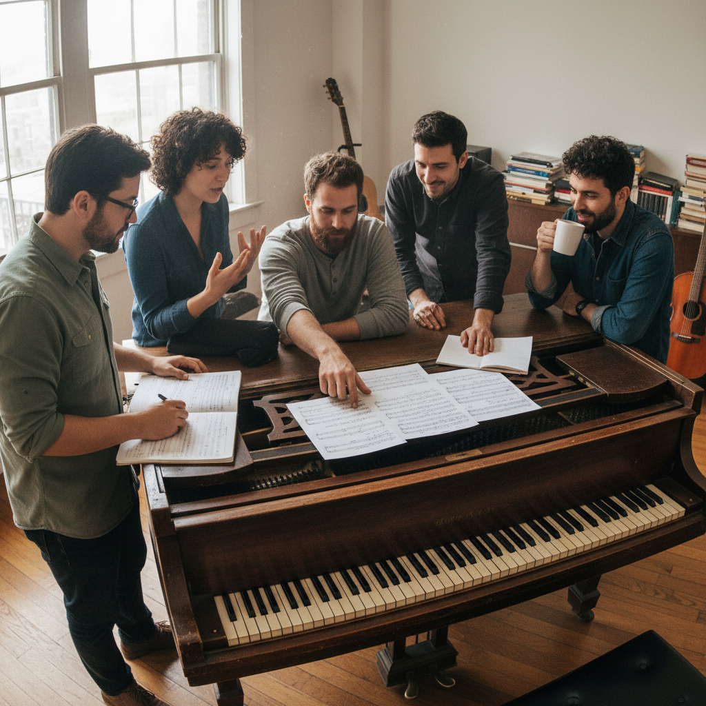 Jazz ensemble class mid-conversation about chord voicing, musicians gathered around a piano