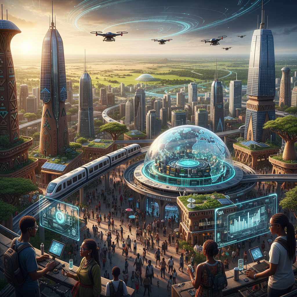Futuristic African smart city with digital infrastructure overlays and development corridor networks, modern institutional architecture with data visualization