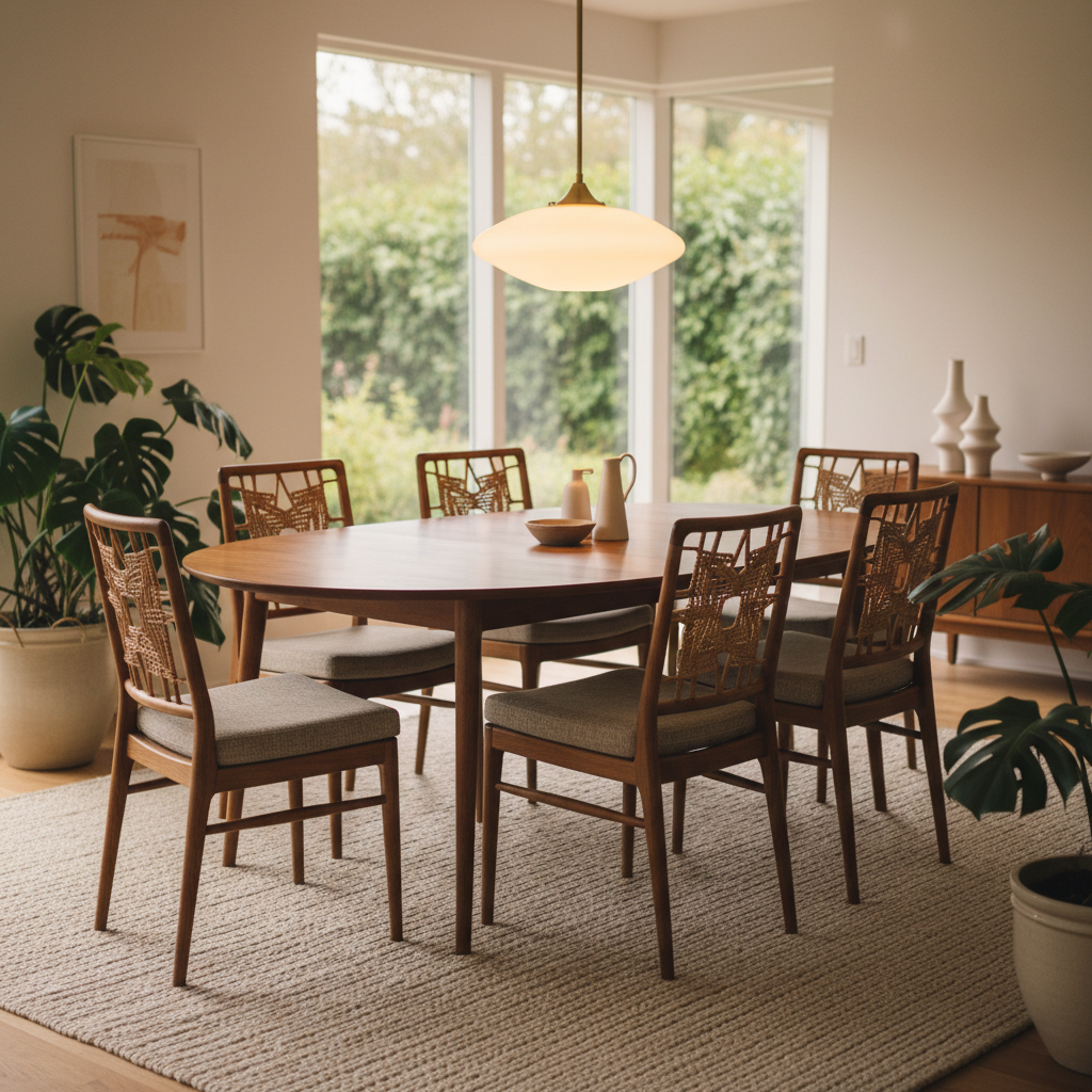 Mid-century teak dining table with cane-back chairs and statement pendant light in warm dining room