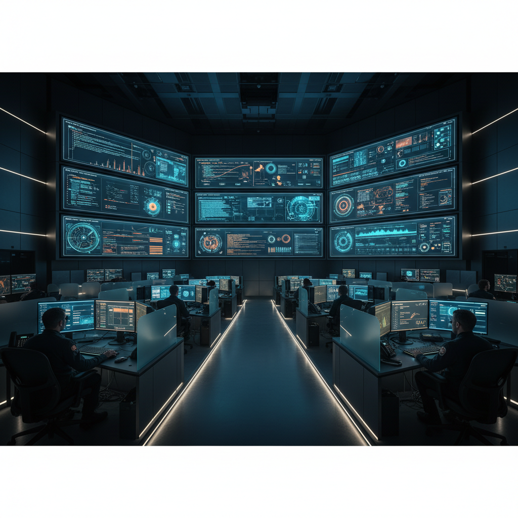 Control room with multiple monitoring screens showing city surveillance and data analytics dashboards