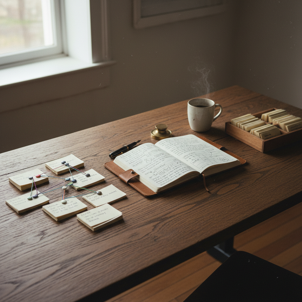 Spread of handwritten index cards and outline notes on a warm wooden desk in natural light