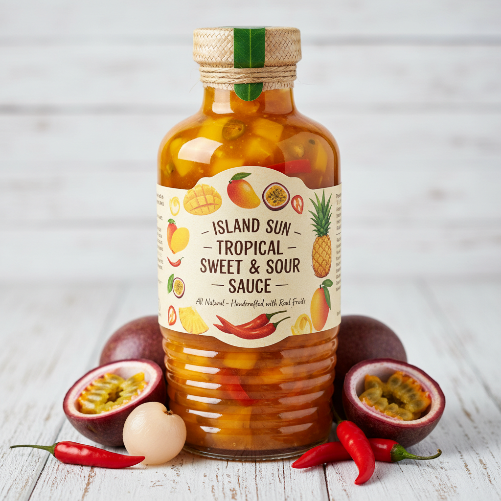 Deep orange passion fruit habanero sauce bottle on a colorful tropical background