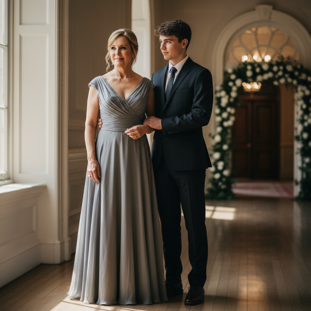 A woman in her mid-fifties in a smoke crepe gown standing with her son before the ceremony, natural window light