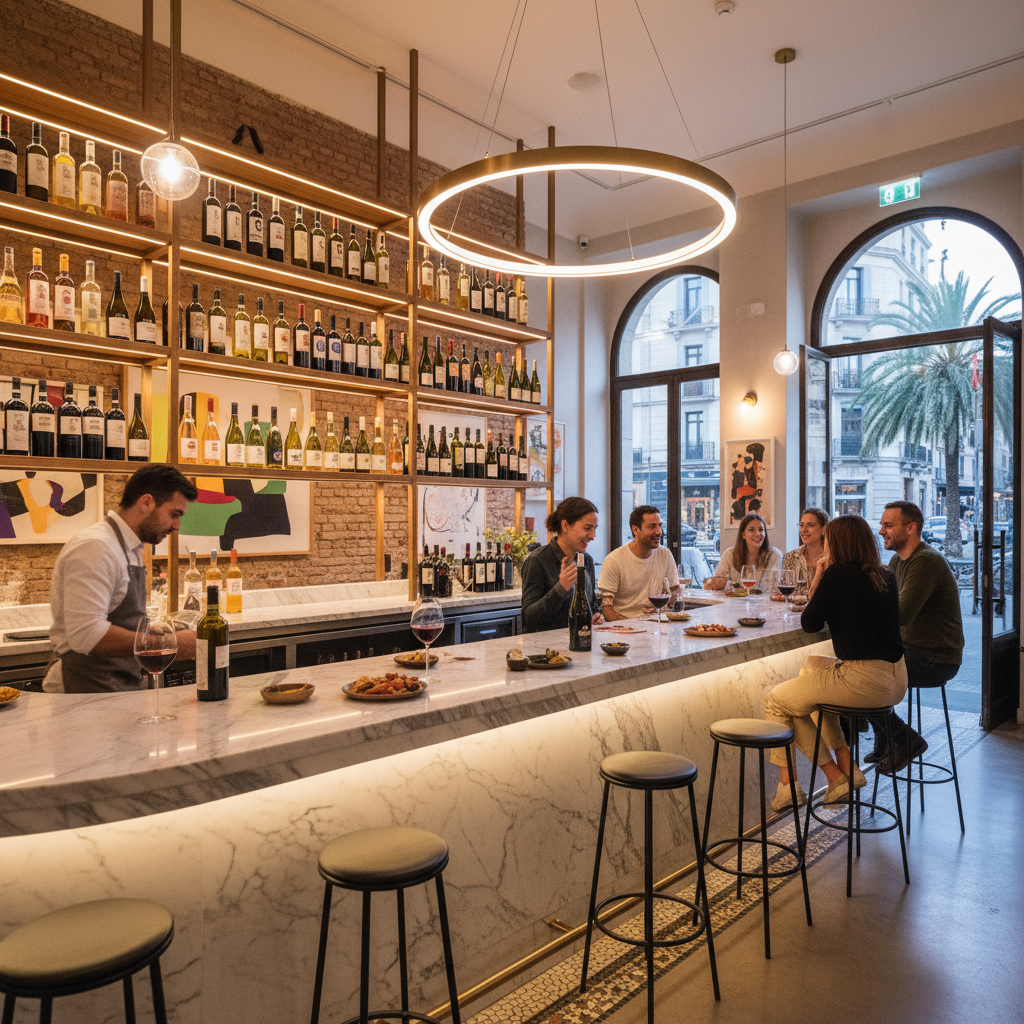 Modern Barcelona tapas bar with marble counters and natural wine selection