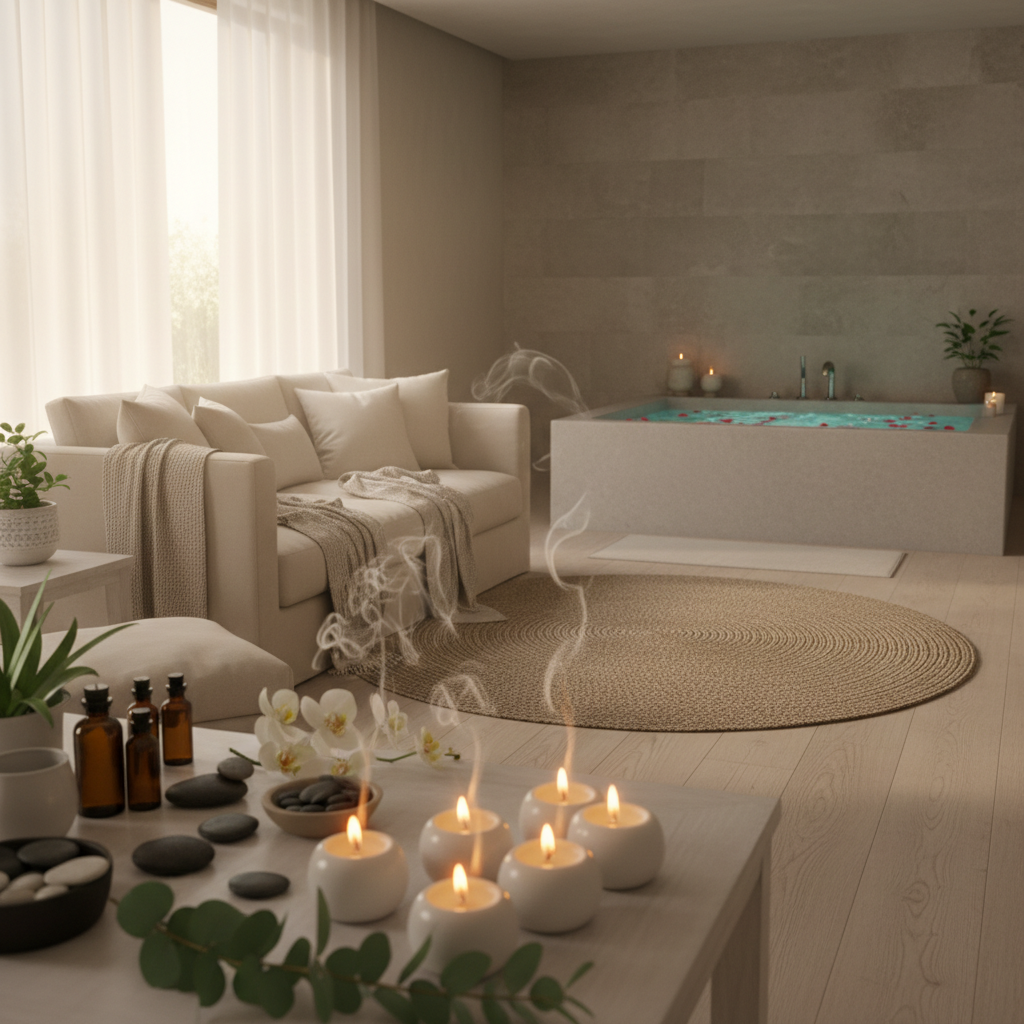 Luxury spa room with soft lighting, white linens, and tranquil atmosphere