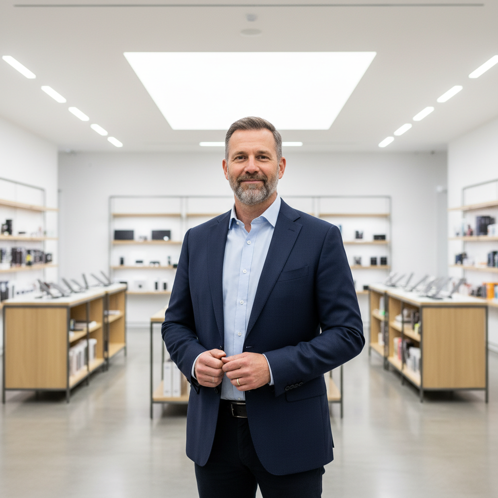 Jordan Calloway, VP Digital Commerce at Mercer Apparel, wearing a blazer in a retail environment