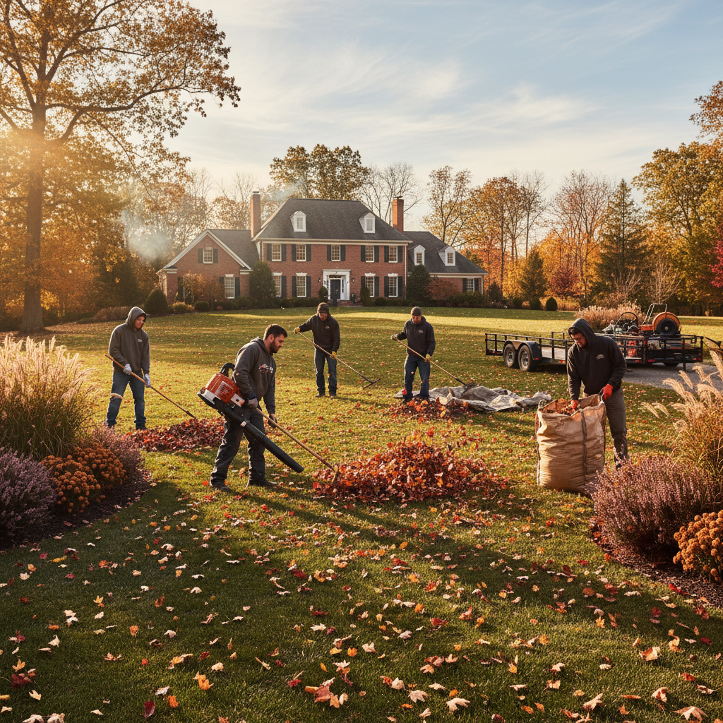 Clean backyard with raked leaves removed and tidy lawn edges, autumn yard cleanup