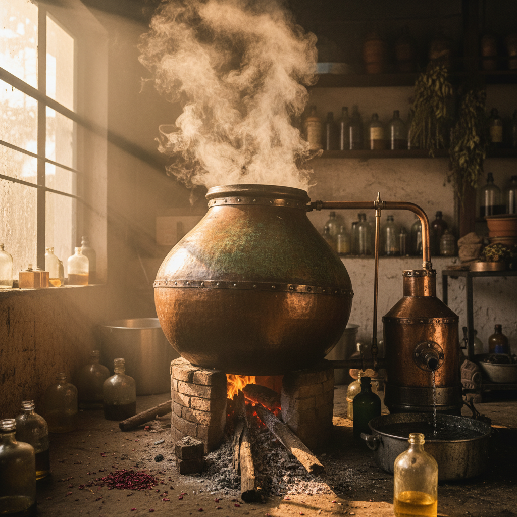 Copper deg-bhapka distillation vessel in a Kannauj attar workshop with steam rising