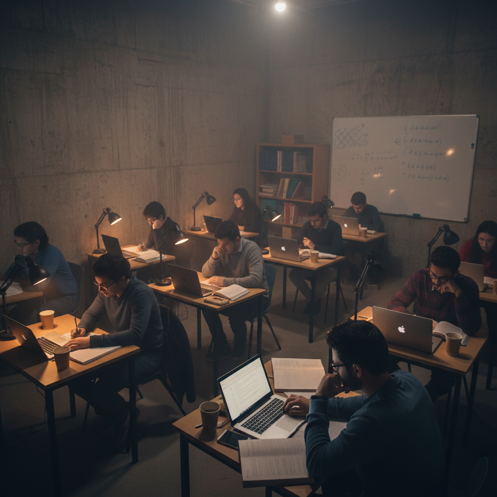 Students in scholarship program classroom, dim concrete walls, atmospheric low lighting