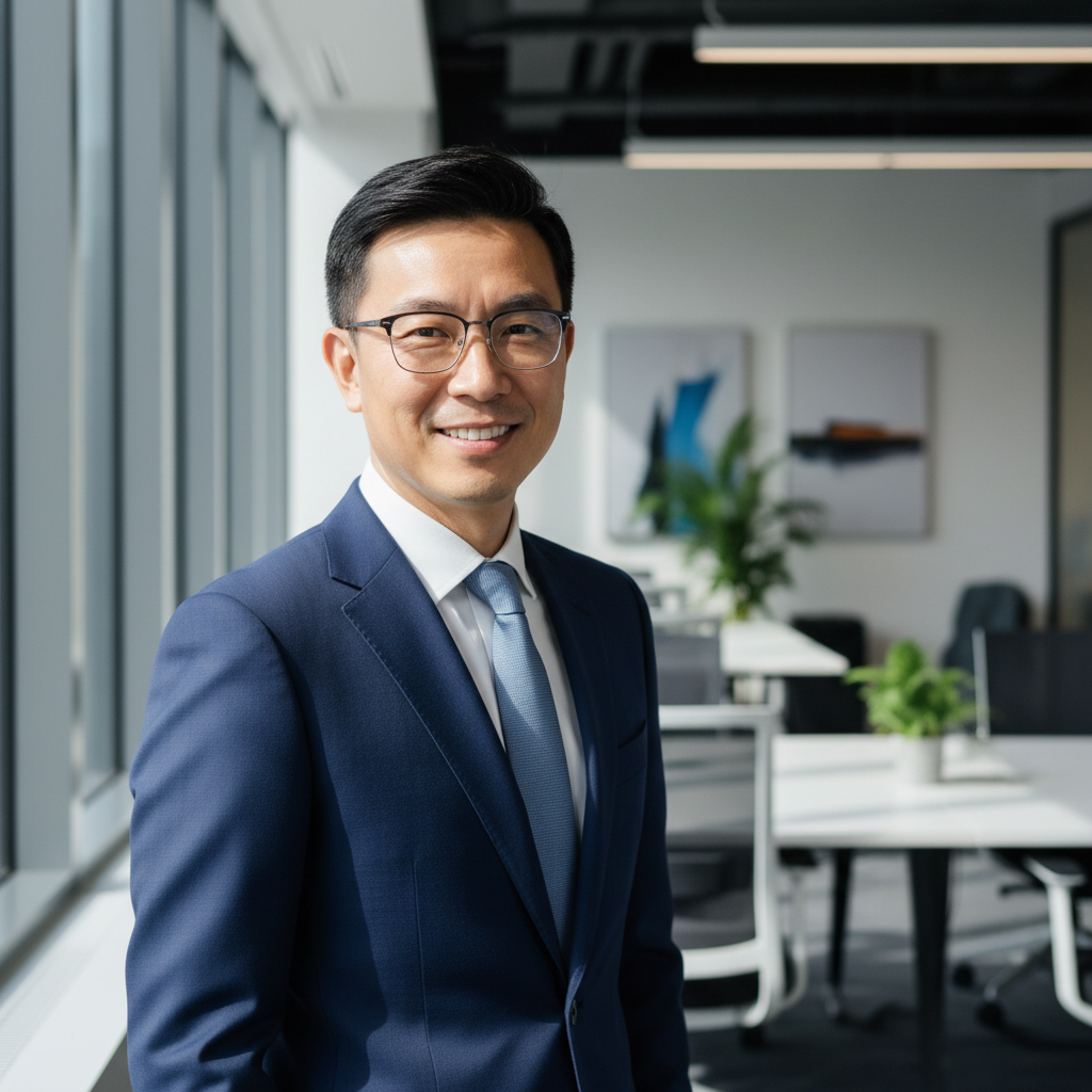 Asian businessman in navy suit smiling confidently in modern office with glass windows