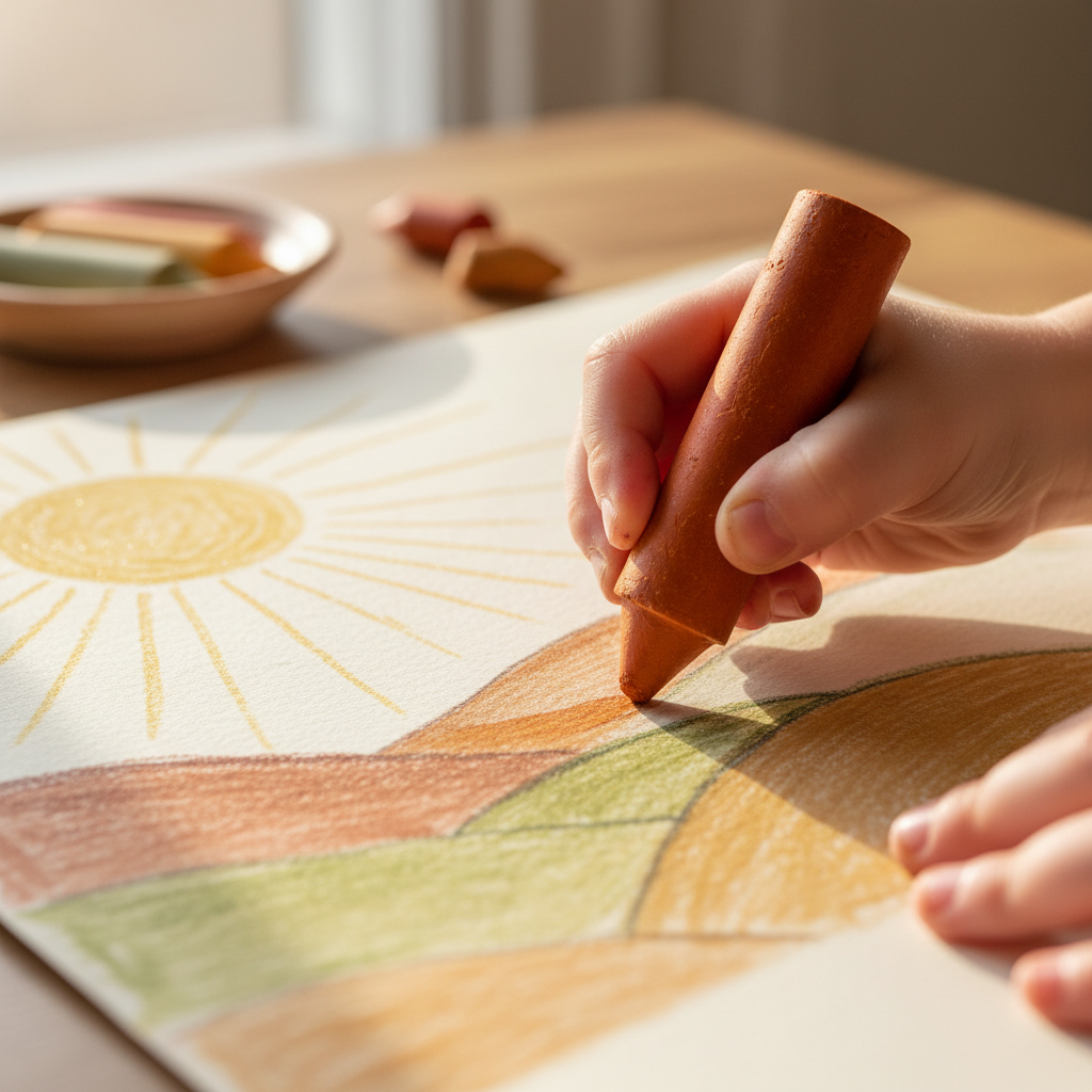 Child hands holding beeswax crayon drawing showing warm earthy landscape with golden sun on natural paper