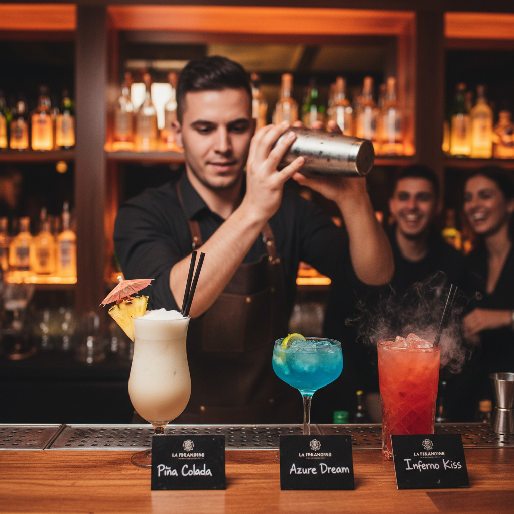 Cocktails signature de La Fekandine dont la célèbre Piña Colada, préparés par le barman avec shaker