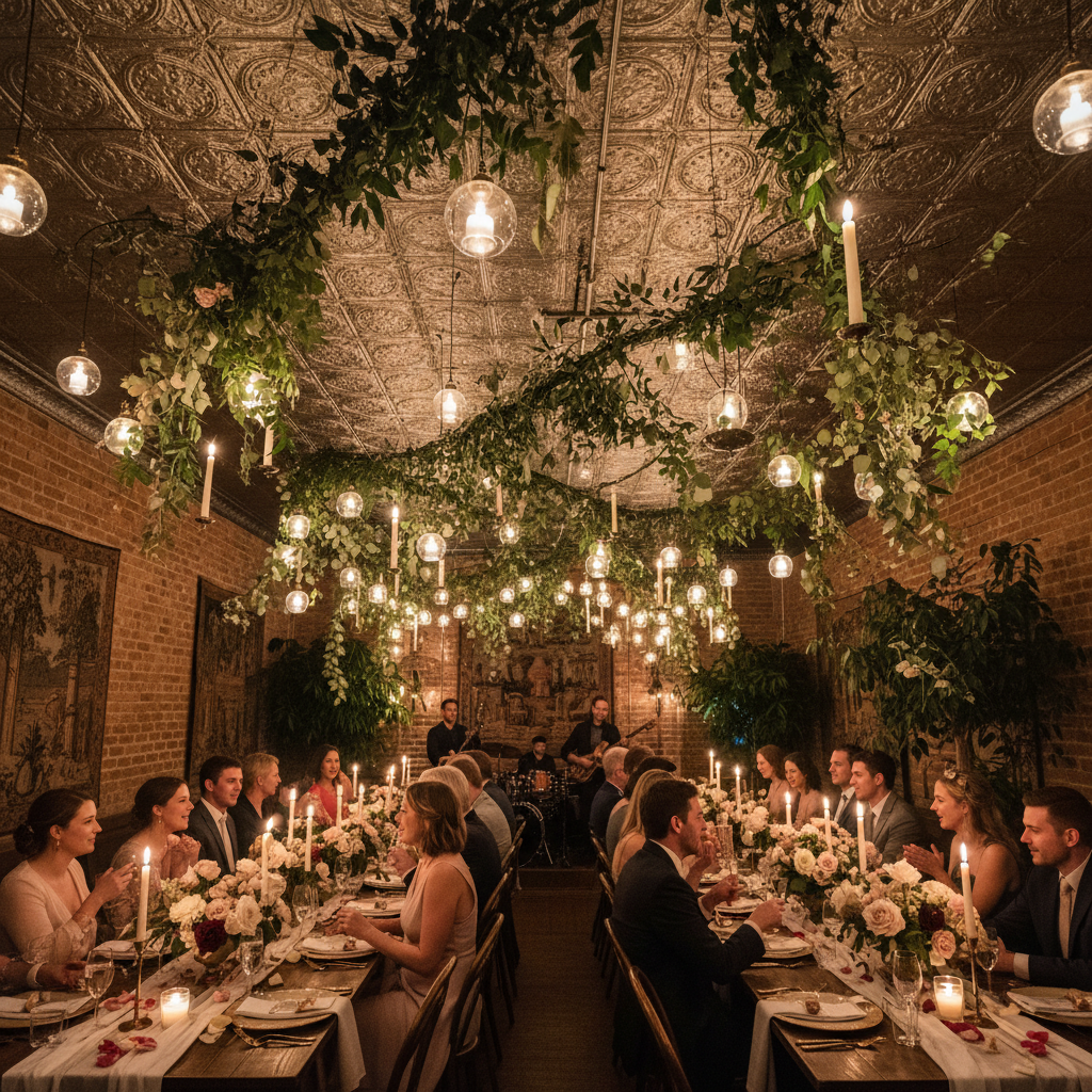 Intimate wedding reception under original tin ceiling with trailing greenery and candlelight