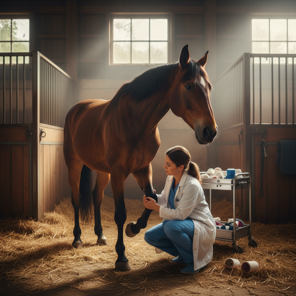 Veterinarian examining horse legs in stable