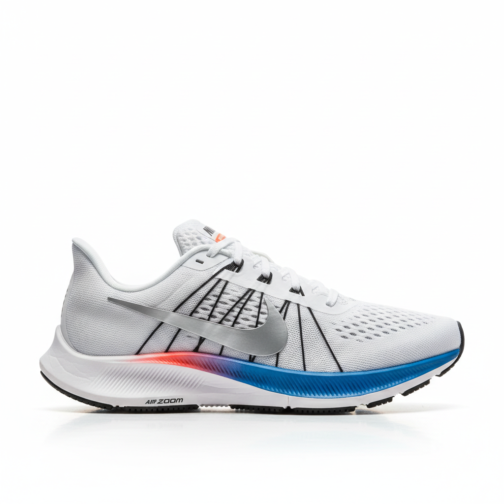 Nike Air Zoom running shoes in red and white on dark background