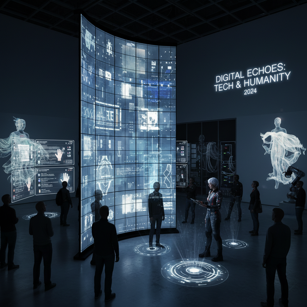 Abstract digital art installation with glowing geometric shapes and holographic projections in a dark gallery