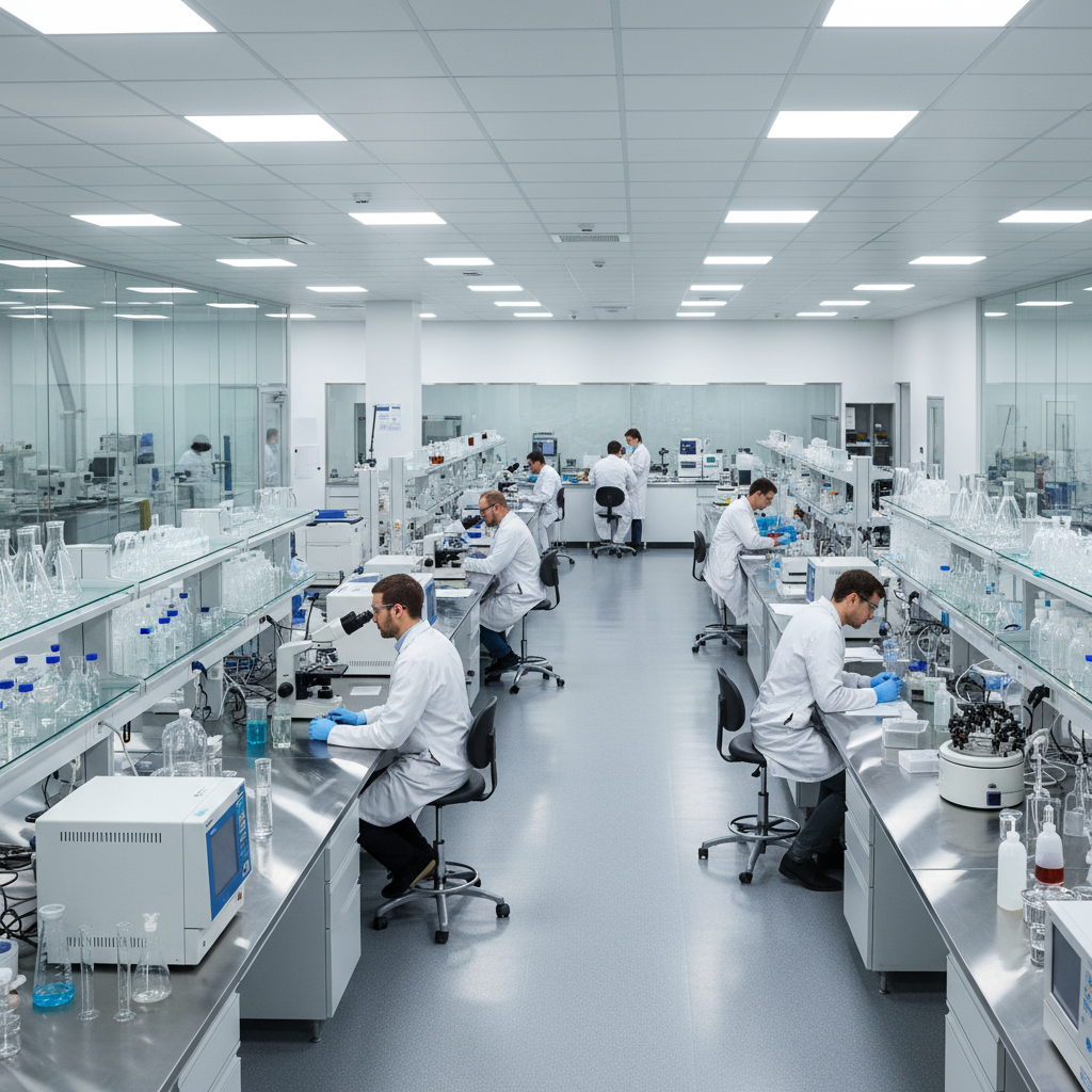 Scientist in white lab coat analyzing samples in modern pharmaceutical laboratory