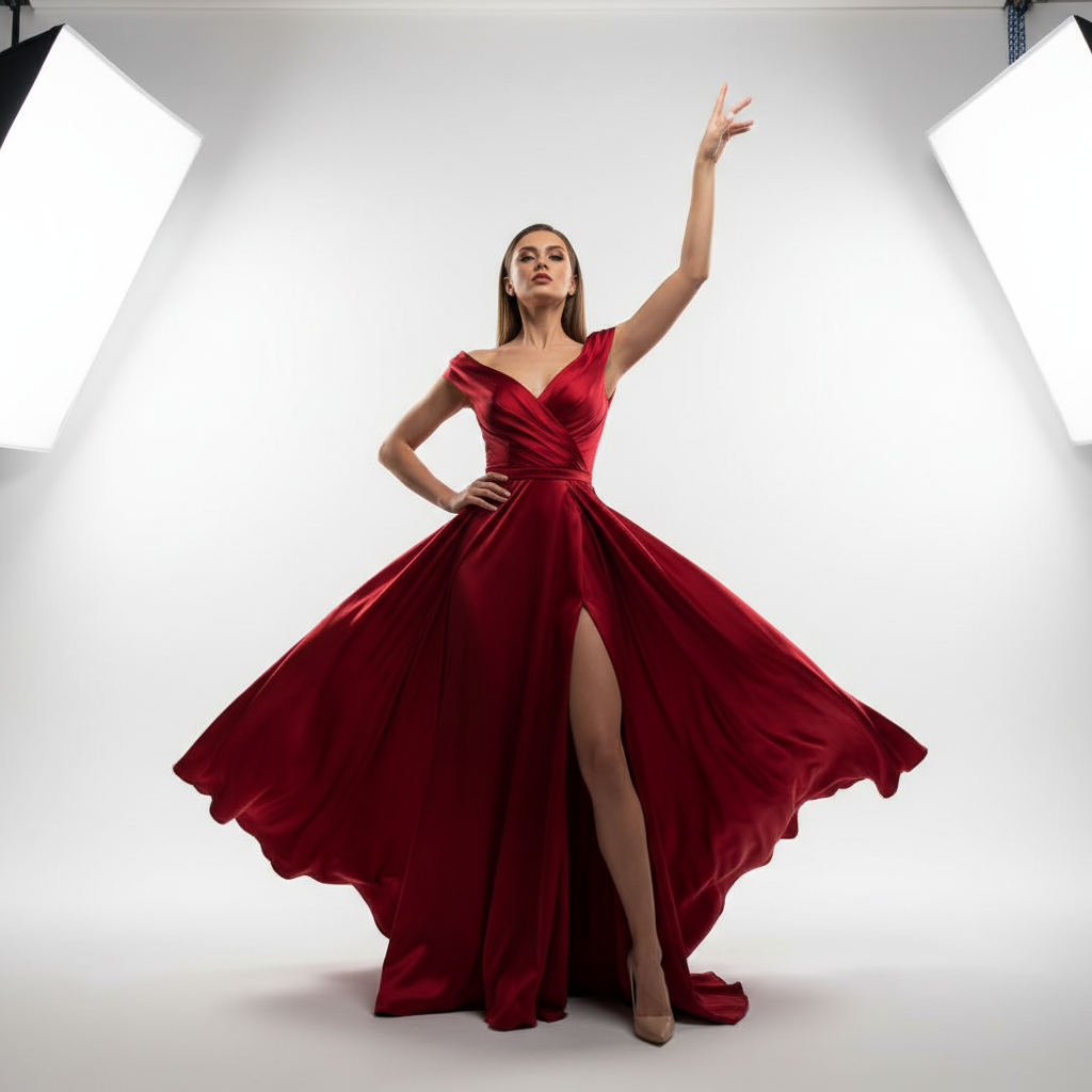 Elegant woman in flowing dress, bright studio with white walls and natural light