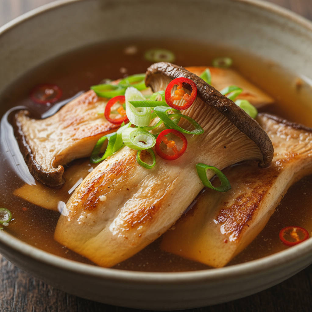 Ivory king oyster mushrooms seared golden in a clear dashi broth with green scallions in a white ceramic bowl