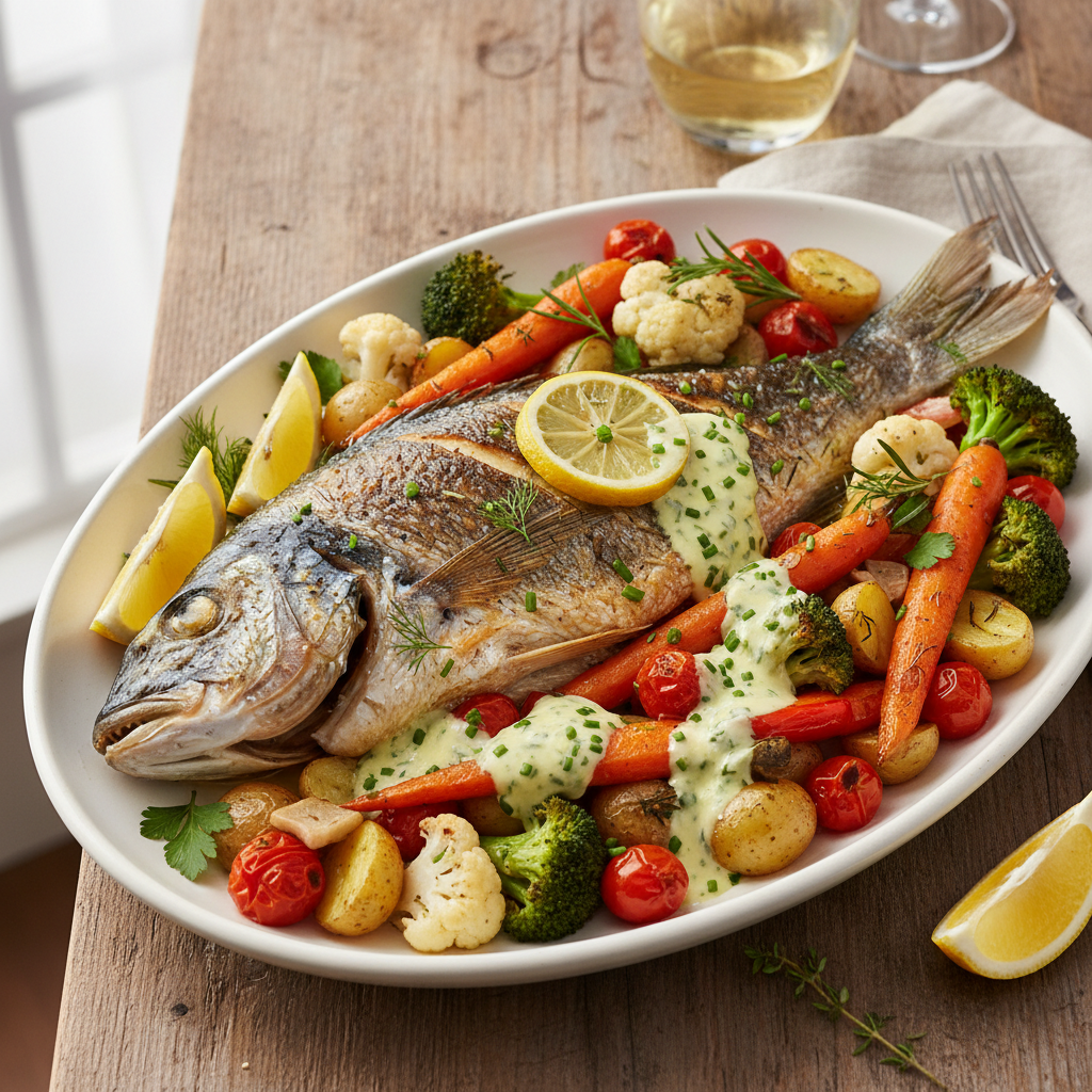 Whole charcoal-grilled branzino with lemon and fresh herbs
