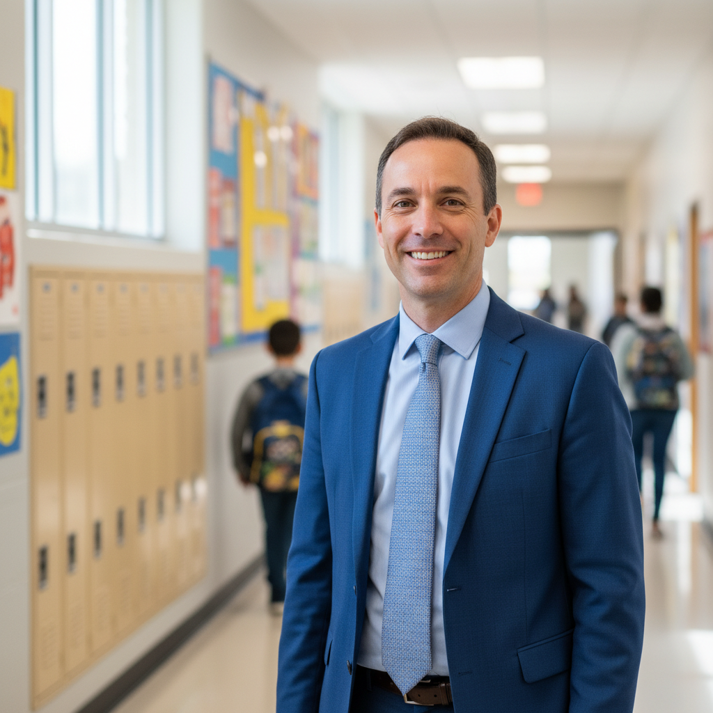 Male educator smiling in a school hallway