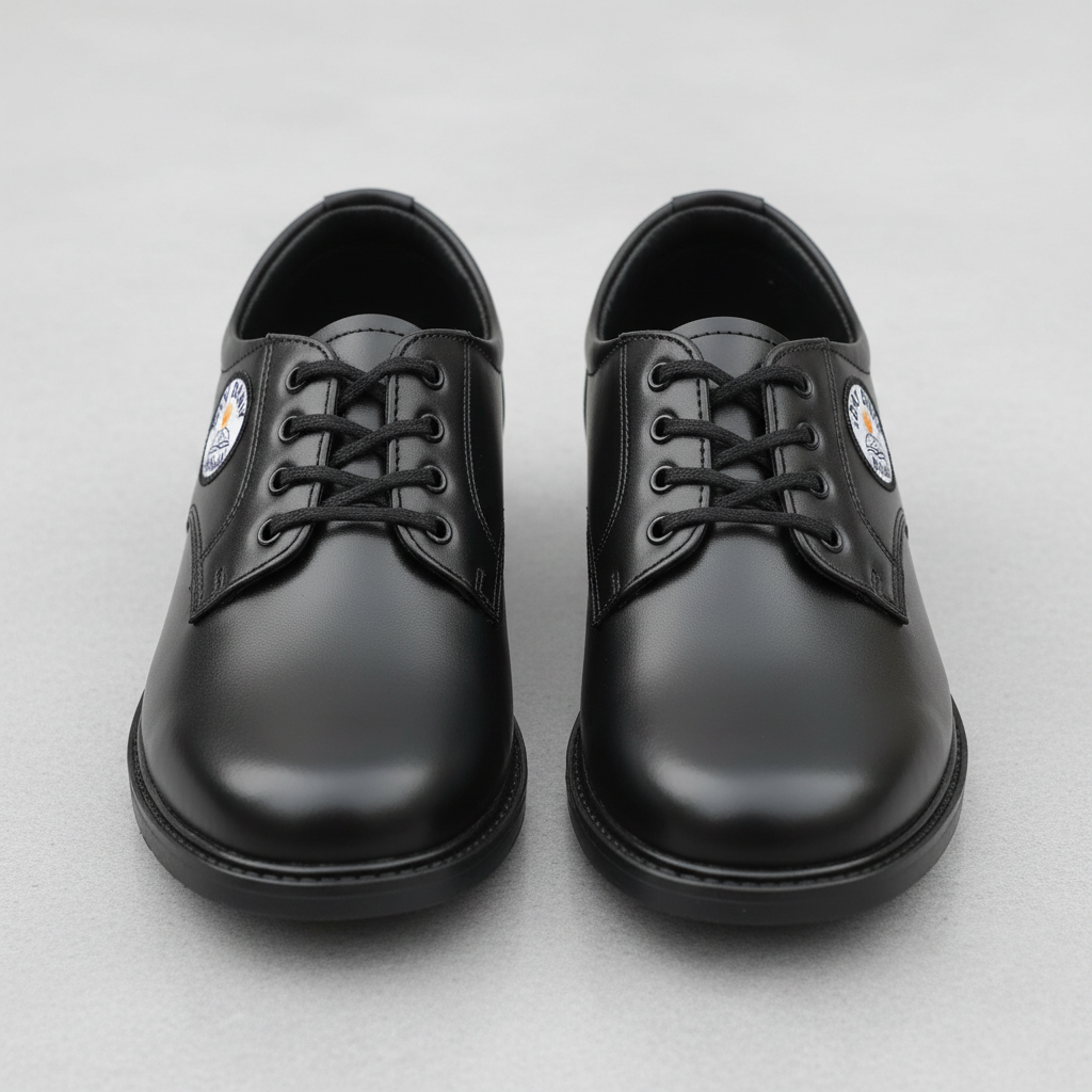 Clean black school shoes pair on white background bright studio lighting