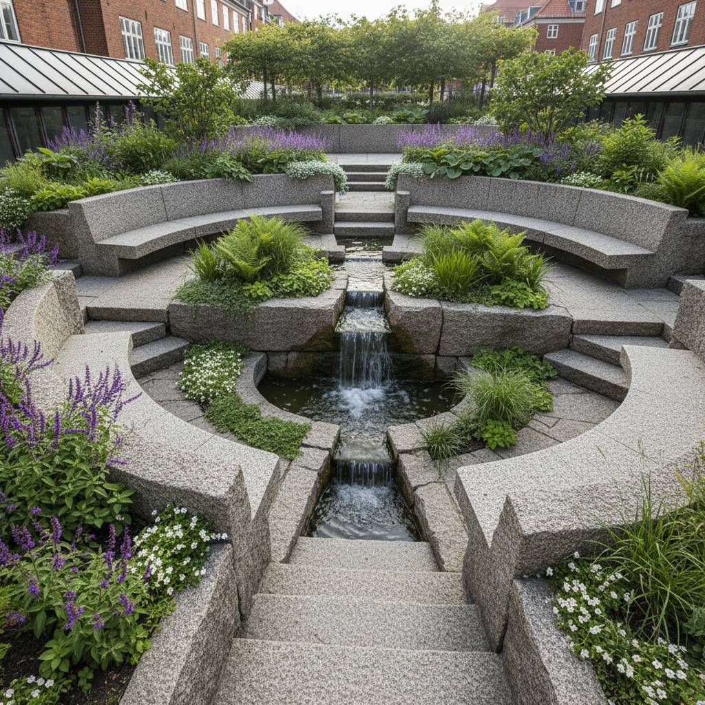 Sunken terrace garden in Copenhagen with carved granite seating, water feature and perennial planting