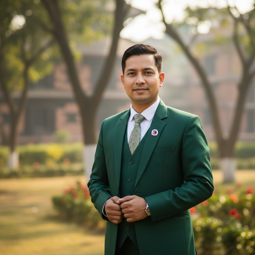 Nepali man in outdoor business setting, warm natural light, relaxed professional expression